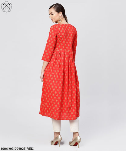 Red Cotton Printed A-Line With Box PleatedKurta With Front Placket And 3/4 Sleeves