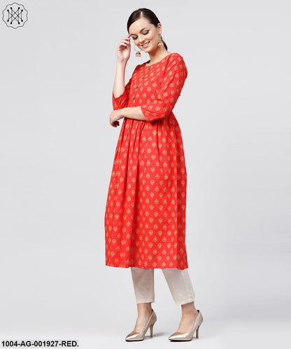 Red Cotton Printed A-Line With Box PleatedKurta With Front Placket And 3/4 Sleeves