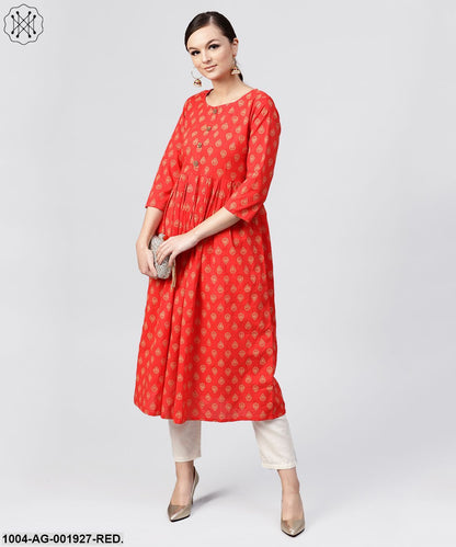 Red Cotton Printed A-Line With Box PleatedKurta With Front Placket And 3/4 Sleeves