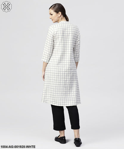 White Checked Printed Panelled Cut A-Line Kurta With Madarin Collar And Front Placket