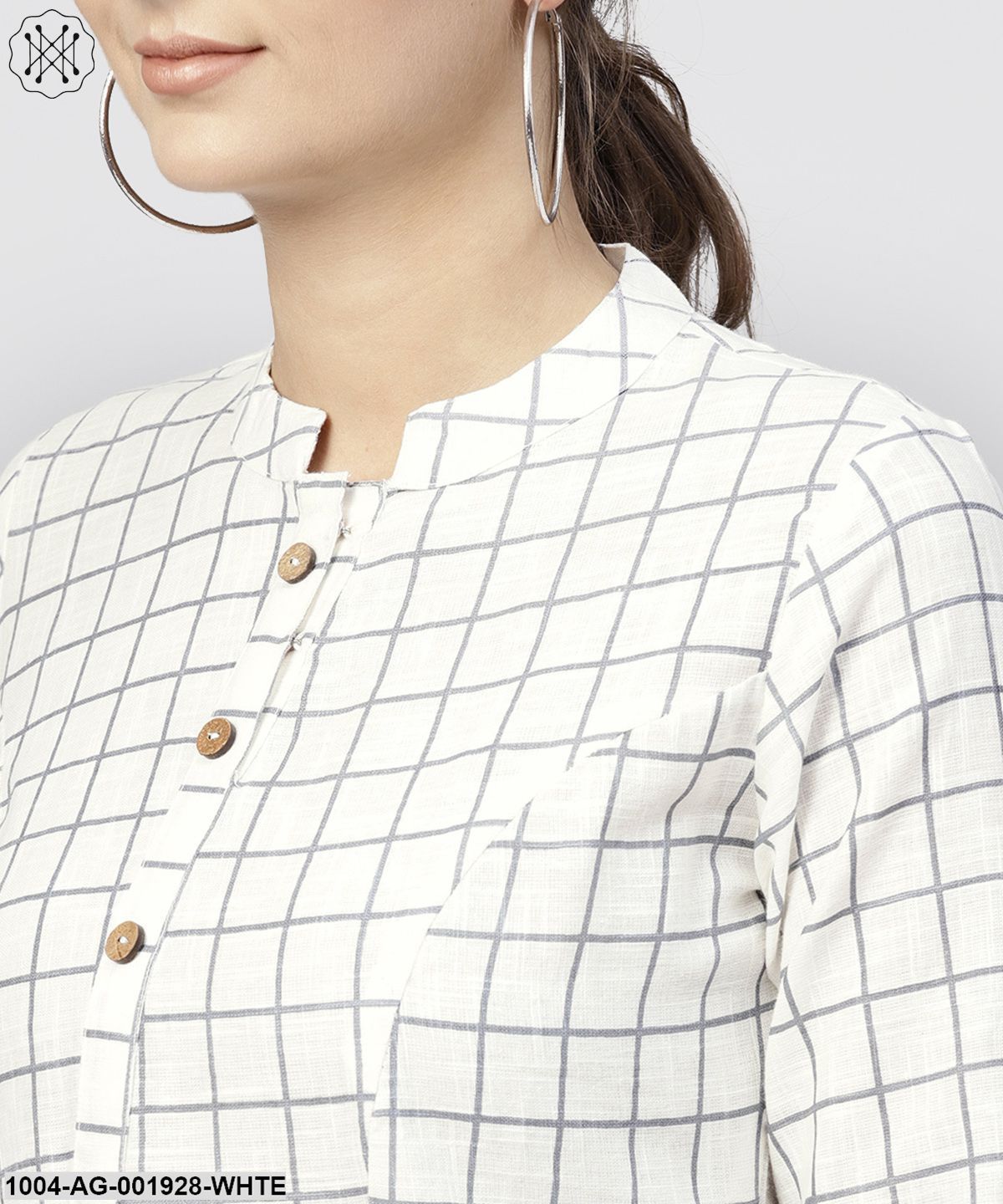 White Checked Printed Panelled Cut A-Line Kurta With Madarin Collar And Front Placket