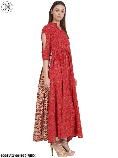 Red Printed 3/4 Sleeve Cotton Anarkali Kurta