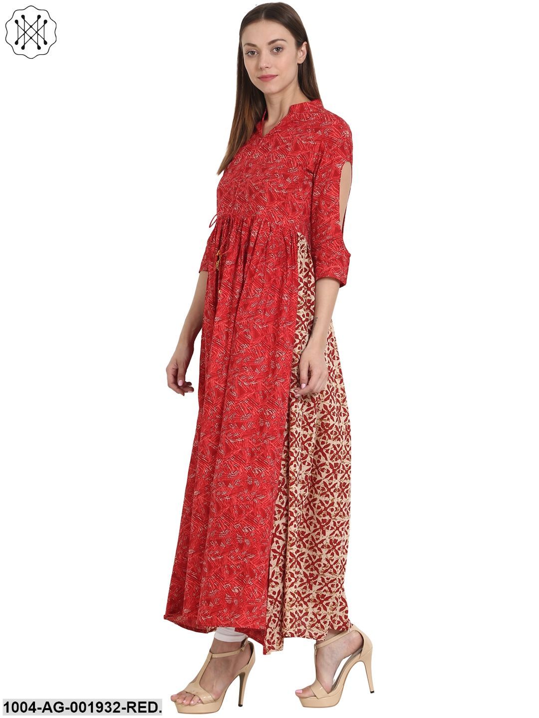 Red Printed 3/4 Sleeve Cotton Anarkali Kurta
