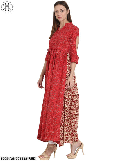 Red Printed 3/4 Sleeve Cotton Anarkali Kurta