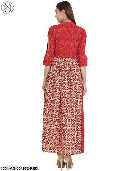 Red Printed 3/4 Sleeve Cotton Anarkali Kurta