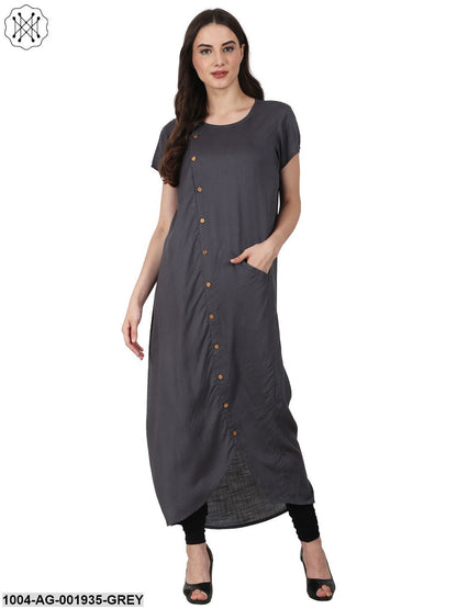 Grey Short Sleeve Rayon Front Open Kurta