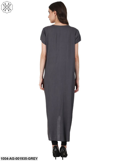 Grey Short Sleeve Rayon Front Open Kurta