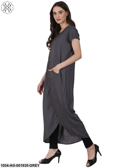 Grey Short Sleeve Rayon Front Open Kurta