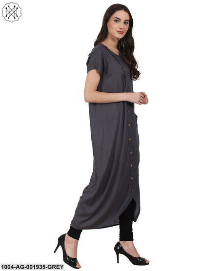 Grey Short Sleeve Rayon Front Open Kurta