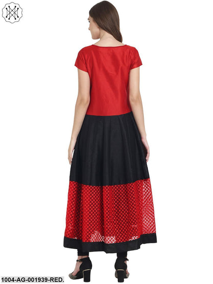 Red & Black Cap Sleeve Net And Dupion Anarkali Kurta