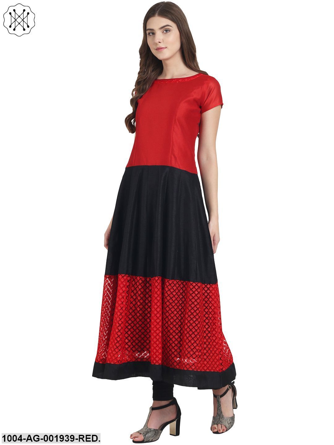 Red & Black Cap Sleeve Net And Dupion Anarkali Kurta