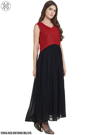 Black Sleeveless Georgette With Cotton Line Anarkali Kurta With Net Work At Yoke