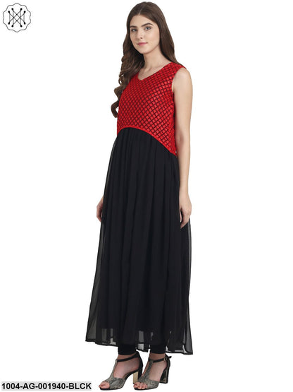 Black Sleeveless Georgette With Cotton Line Anarkali Kurta With Net Work At Yoke