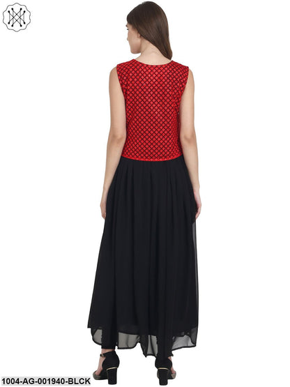 Black Sleeveless Georgette With Cotton Line Anarkali Kurta With Net Work At Yoke