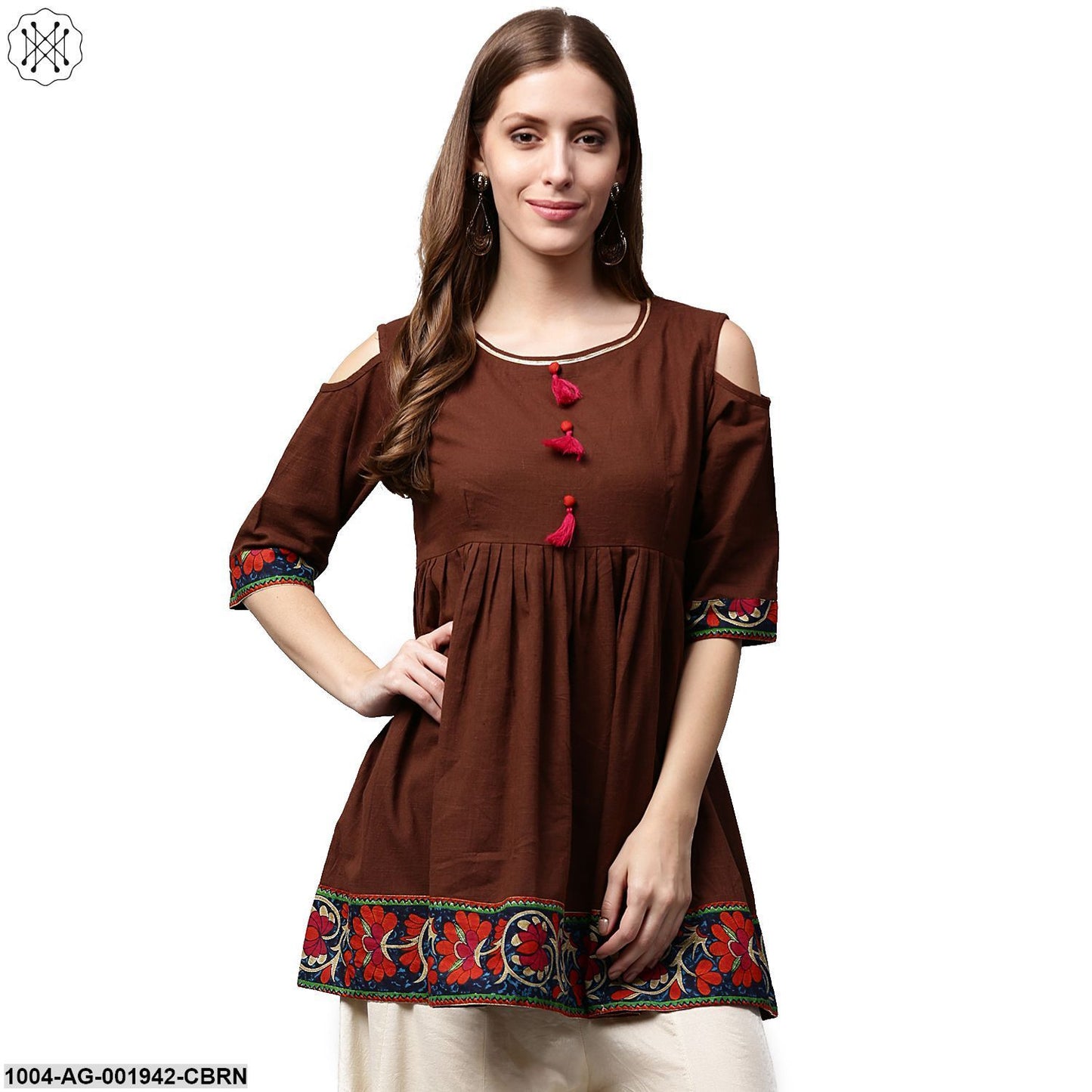 Coffee Color 3/4Th Sleeve Cold Shoulder Cotton Cropped Anarkali Kurta