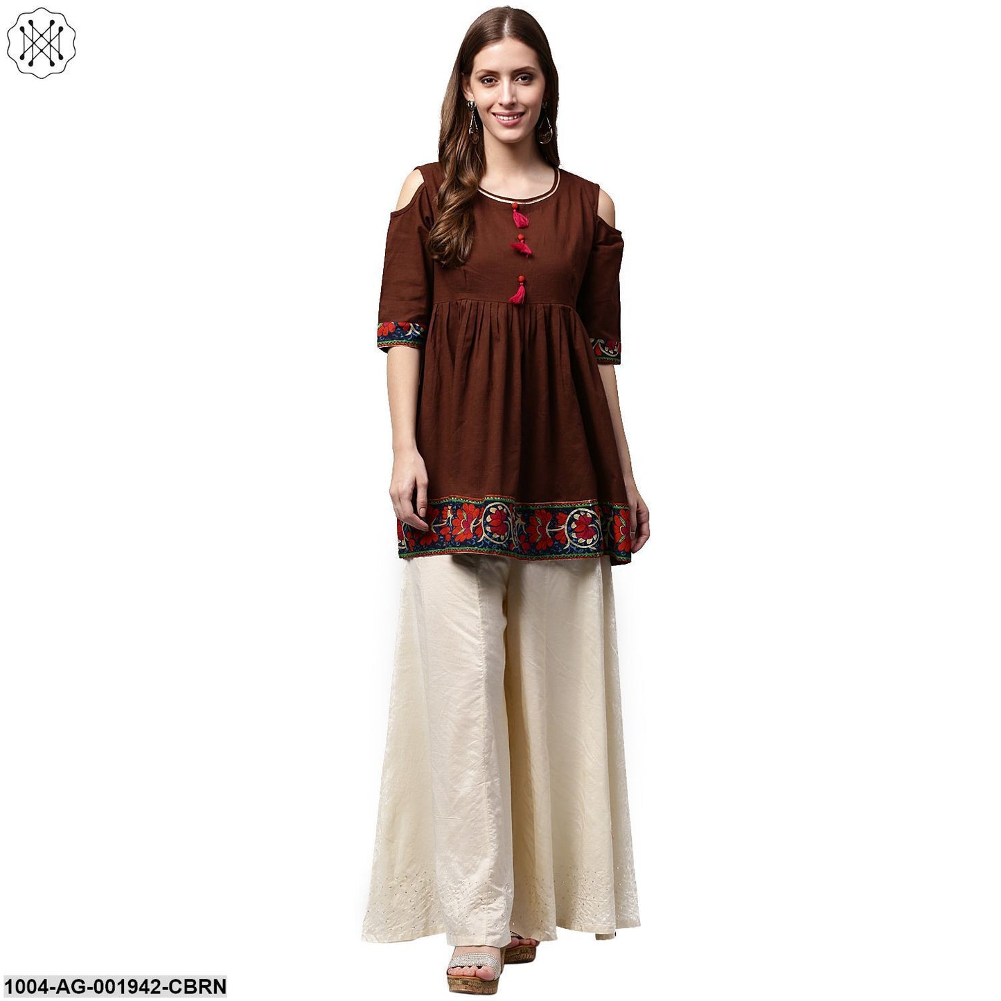 Coffee Color 3/4Th Sleeve Cold Shoulder Cotton Cropped Anarkali Kurta