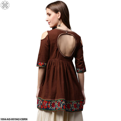Coffee Color 3/4Th Sleeve Cold Shoulder Cotton Cropped Anarkali Kurta