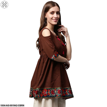 Coffee Color 3/4Th Sleeve Cold Shoulder Cotton Cropped Anarkali Kurta