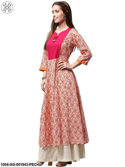 Peach Printed 3/4Th Sleeve Cold Shoulder Cotton Slub Anarkali Kurta