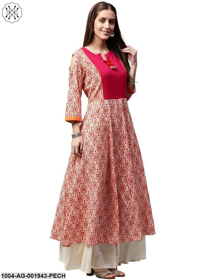 Peach Printed 3/4Th Sleeve Cold Shoulder Cotton Slub Anarkali Kurta