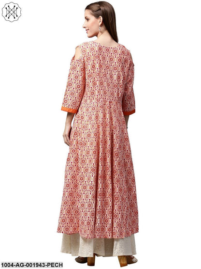 Peach Printed 3/4Th Sleeve Cold Shoulder Cotton Slub Anarkali Kurta
