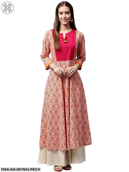 Peach Printed 3/4Th Sleeve Cold Shoulder Cotton Slub Anarkali Kurta