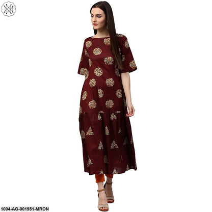 Maroon Printed Half Sleeve Cotton Kurta