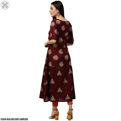 Maroon Printed Half Sleeve Cotton Kurta