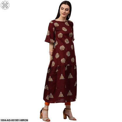 Maroon Printed Half Sleeve Cotton Kurta