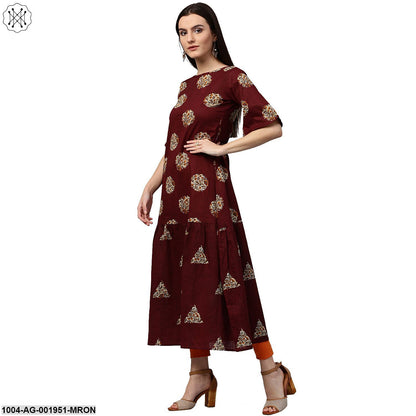Maroon Printed Half Sleeve Cotton Kurta