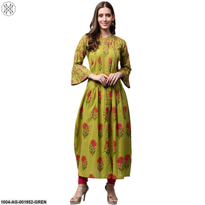 Green Printed 3/4Th Sleeve Cotton Anarkali Kurta