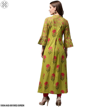 Green Printed 3/4Th Sleeve Cotton Anarkali Kurta