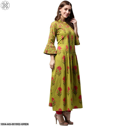 Green Printed 3/4Th Sleeve Cotton Anarkali Kurta