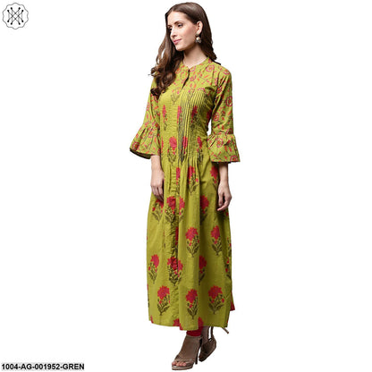 Green Printed 3/4Th Sleeve Cotton Anarkali Kurta