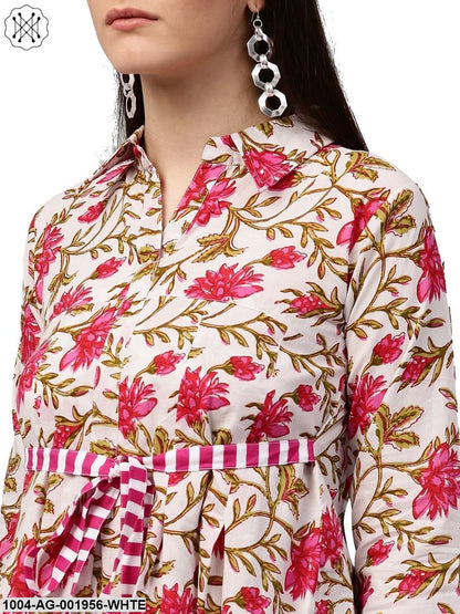 White Floral Printed 3/4Th Sleeve Cotton Anarkali Kurta