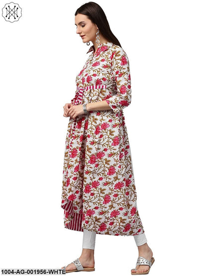 White Floral Printed 3/4Th Sleeve Cotton Anarkali Kurta