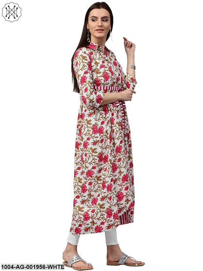 White Floral Printed 3/4Th Sleeve Cotton Anarkali Kurta