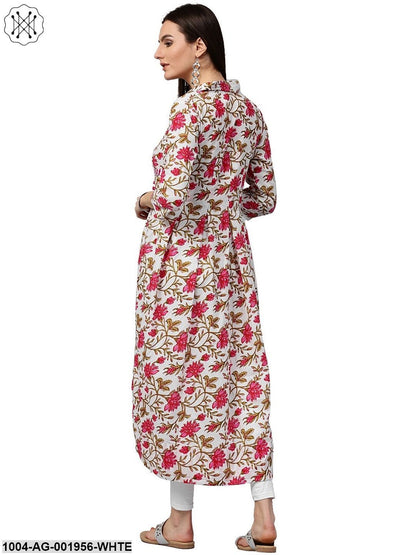 White Floral Printed 3/4Th Sleeve Cotton Anarkali Kurta