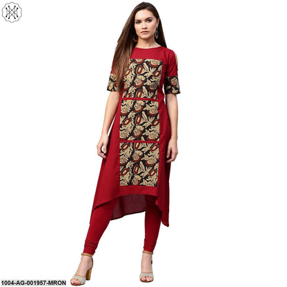Maroon Printed Half Sleeve Cotton Kurta