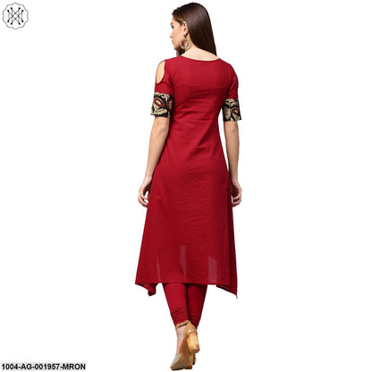 Maroon Printed Half Sleeve Cotton Kurta