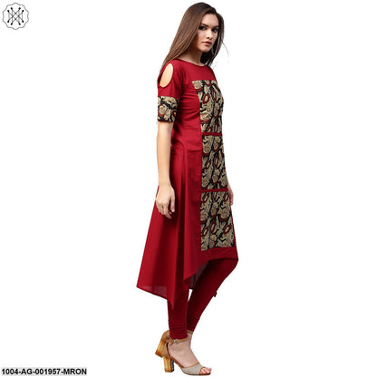 Maroon Printed Half Sleeve Cotton Kurta