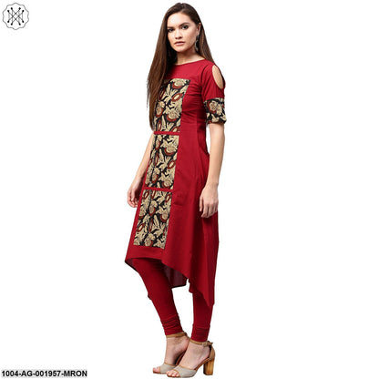 Maroon Printed Half Sleeve Cotton Kurta