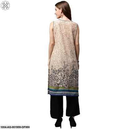 Off White Printed Sleeveless Cotton Kurta