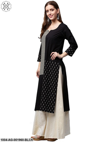Black Printed 3/4Th Sleeve Cotton Kurta