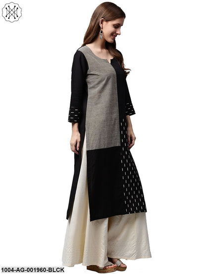 Black Printed 3/4Th Sleeve Cotton Kurta