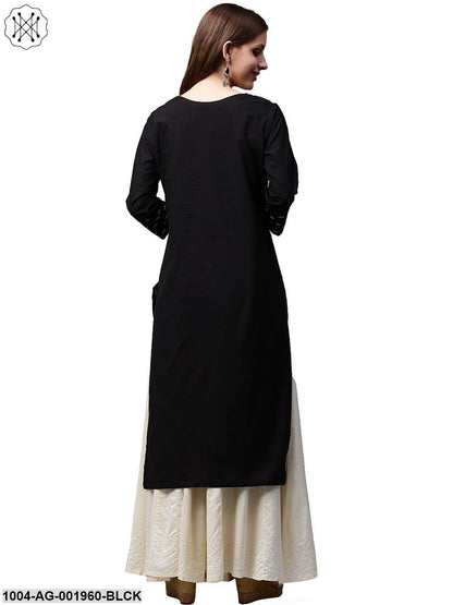 Black Printed 3/4Th Sleeve Cotton Kurta