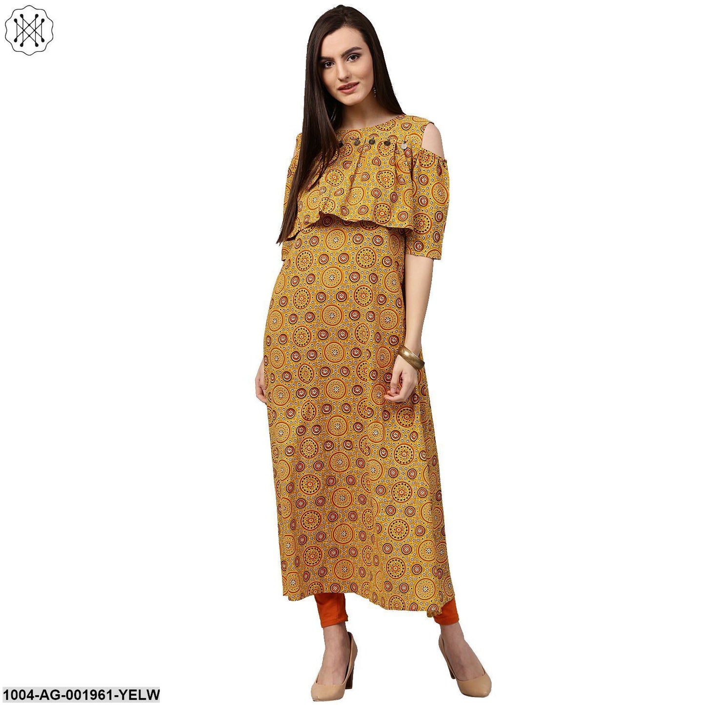 Yellow Printed Sleeveless Cotton A-Line Kurta
