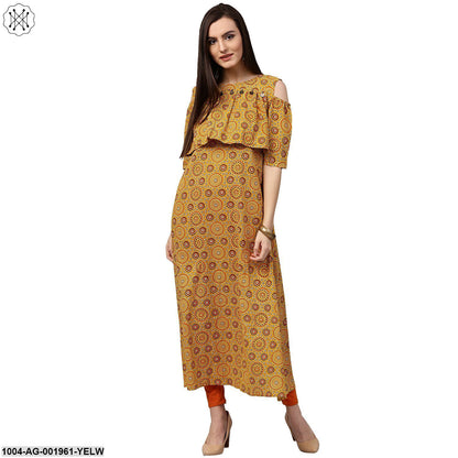 Yellow Printed Sleeveless Cotton A-Line Kurta