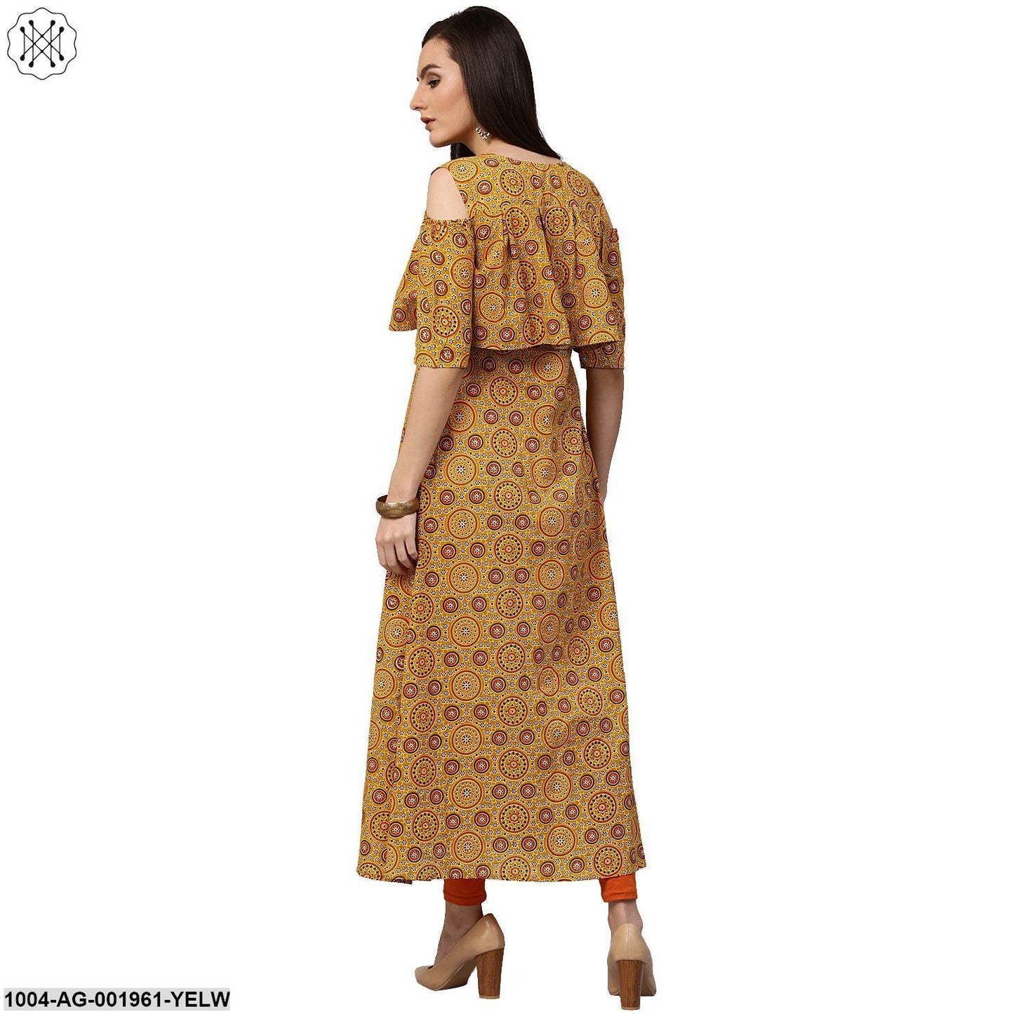 Yellow Printed Sleeveless Cotton A-Line Kurta