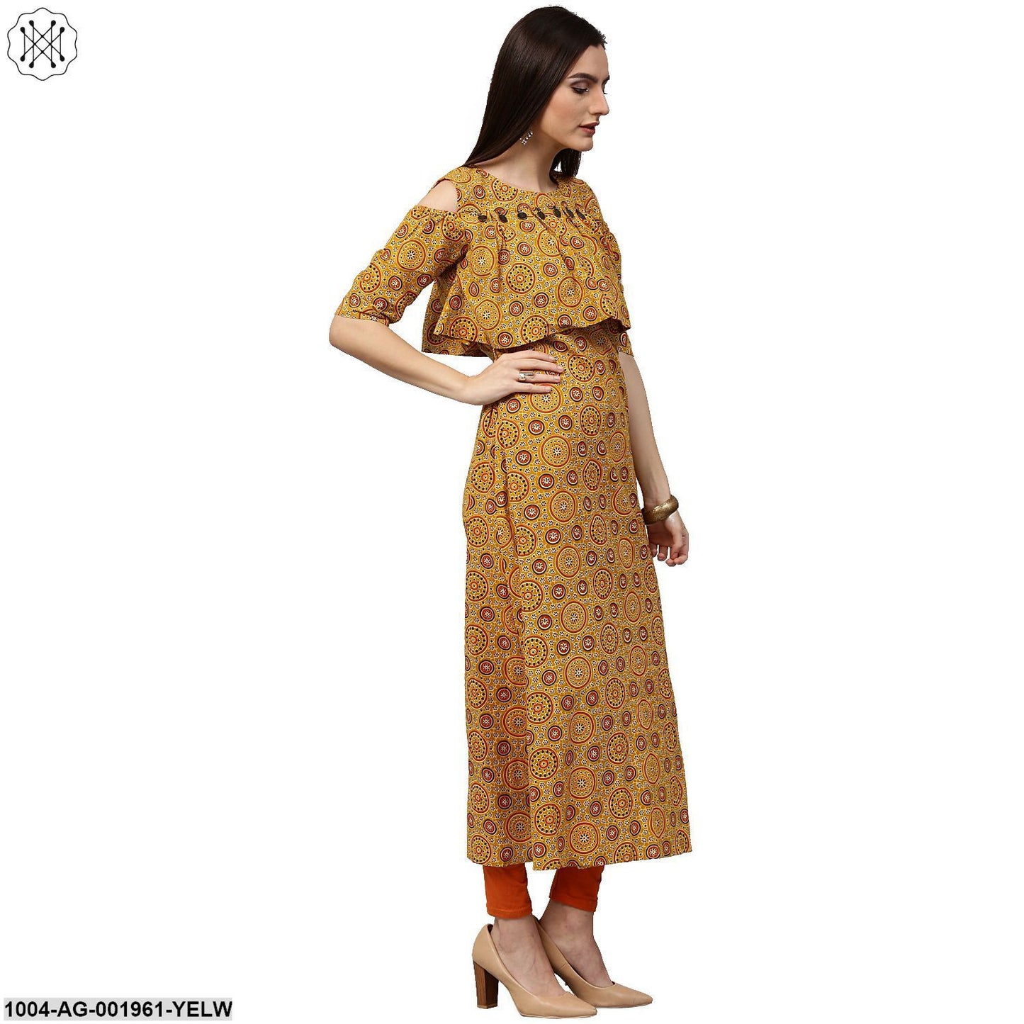 Yellow Printed Sleeveless Cotton A-Line Kurta